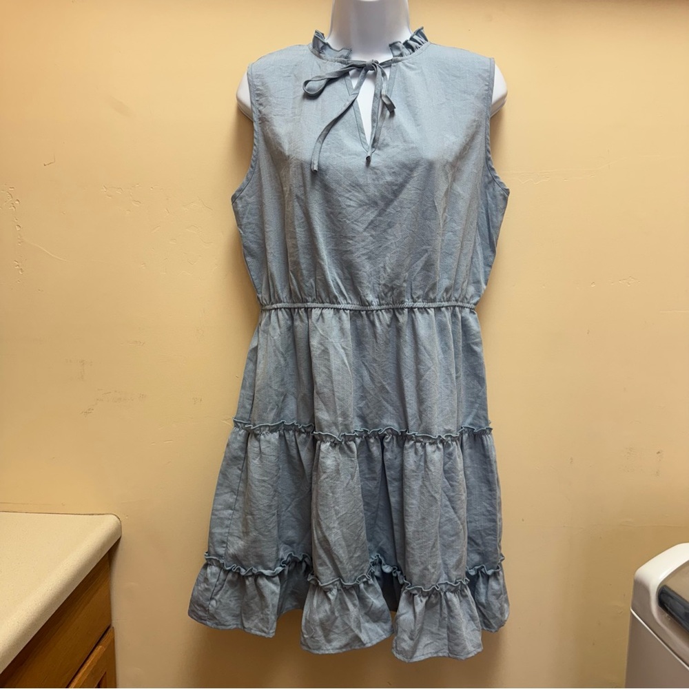 Cupshe Sleeveless Light Blue Ruffle Tiered Tie Neckline Mini Dress Womens Large